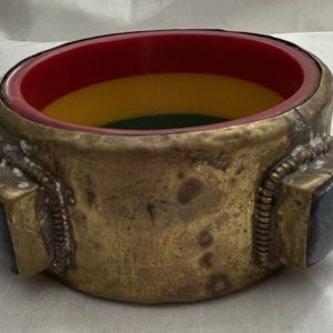 Hand made African hammered brass bracelet with lapis lazuli amber